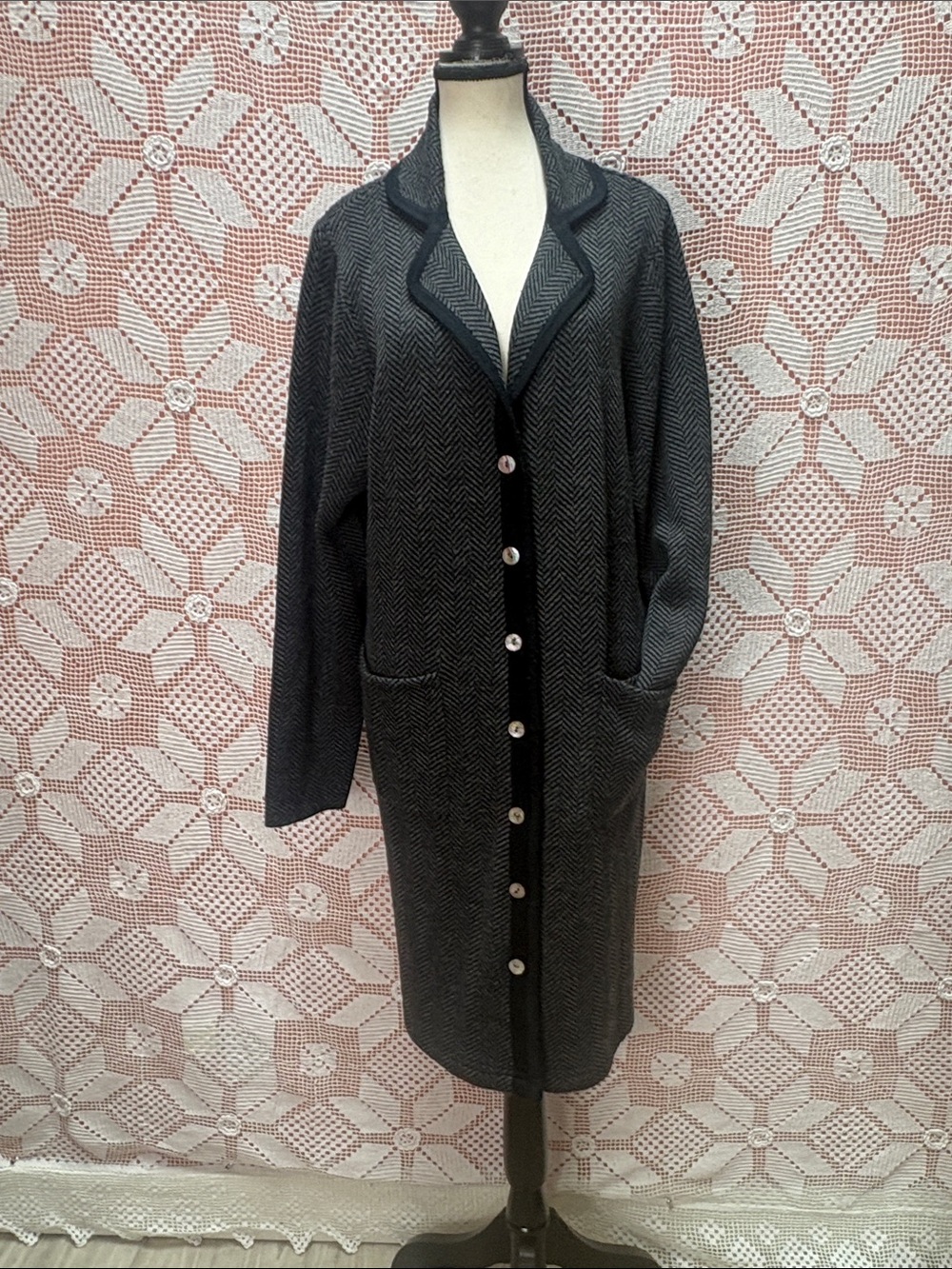 Deane & White Merino Wool Blend Herringbone Long Cardigan XL